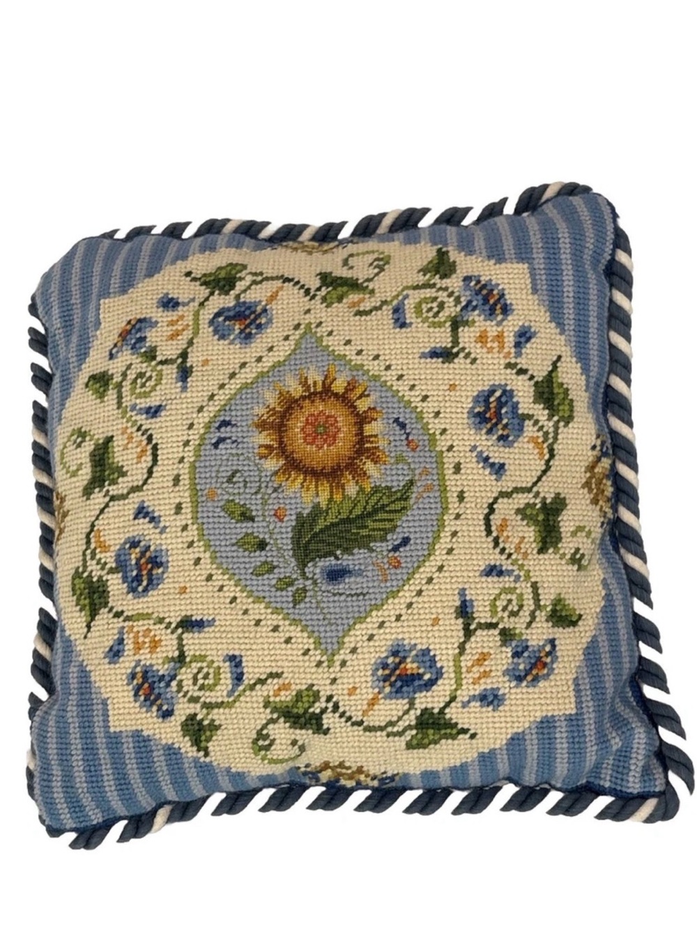 Needlepoint Pillow Floral Accent Cushion Wool Decor 12” x 12” Sunflower Garden